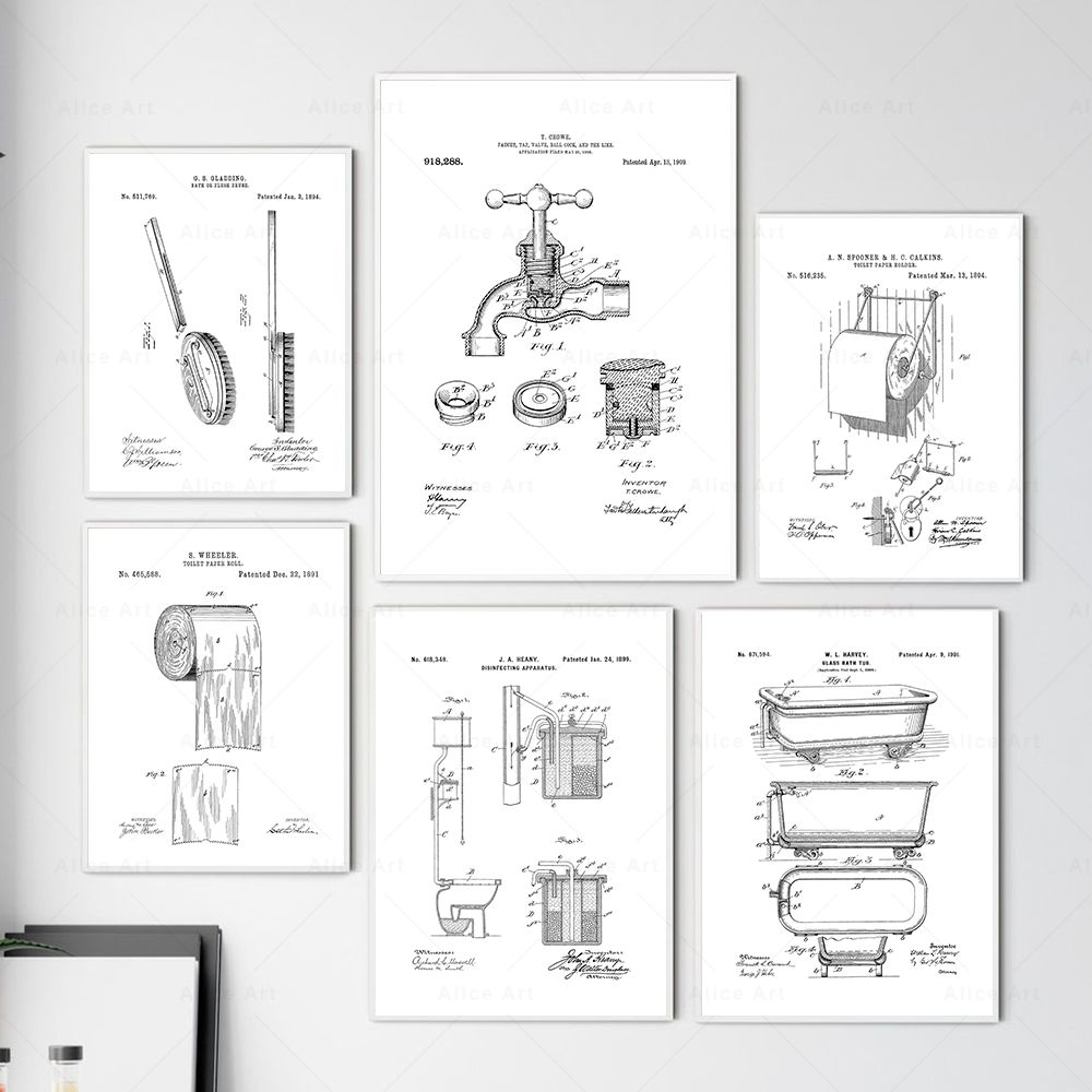 빈티지 포스터, 욕실 특허 청사진 월 아트 프린트, 화장실 롤 수조 화장실 디자인 캔버스, 회화, 욕실 장식